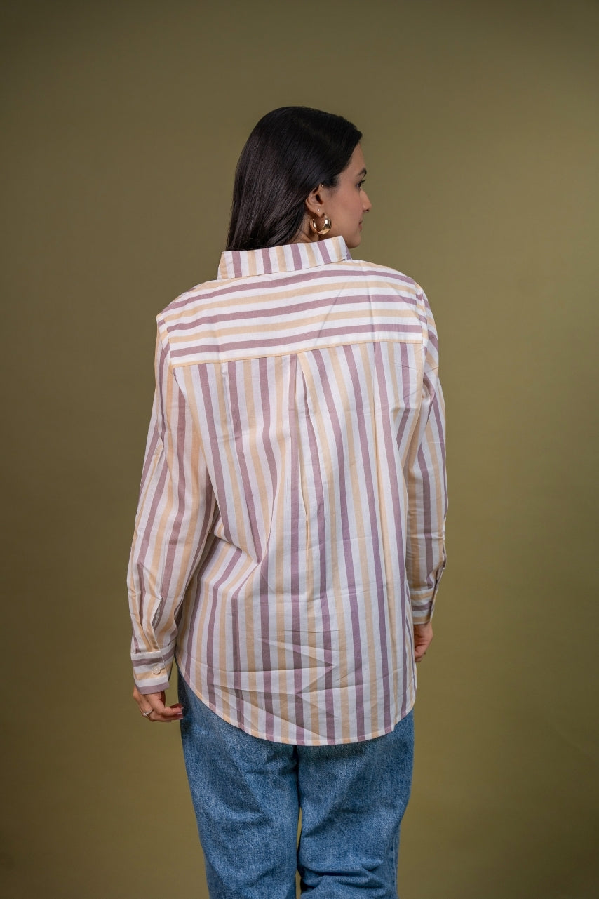 Women cotton white brown stripes relaxed fit shirt, back view