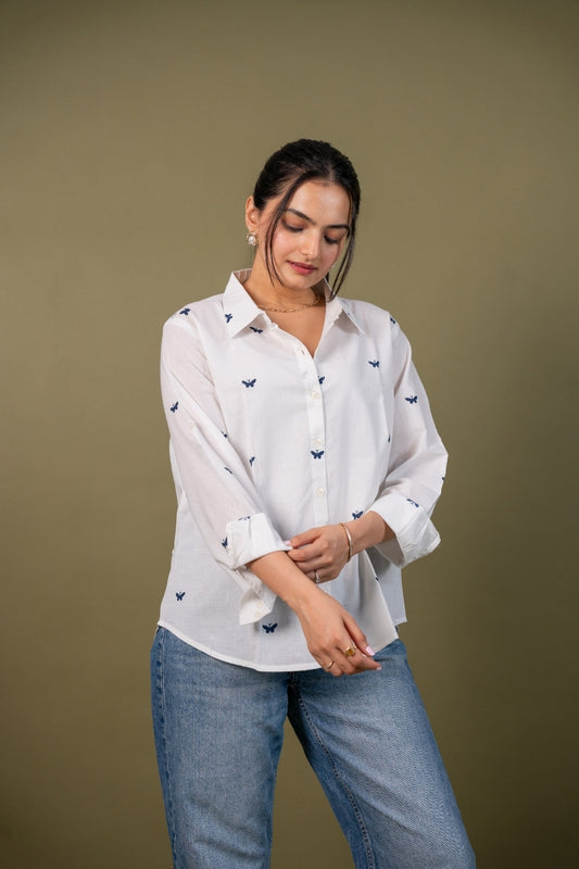 Women cotton white butterfly relaxed fit shirt, front view 2
