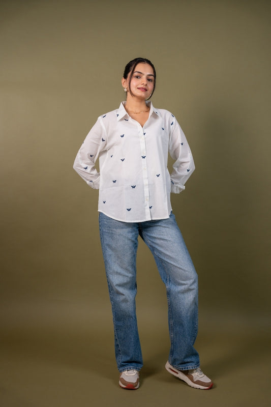 Women cotton white butterfly relaxed fit shirt, front view