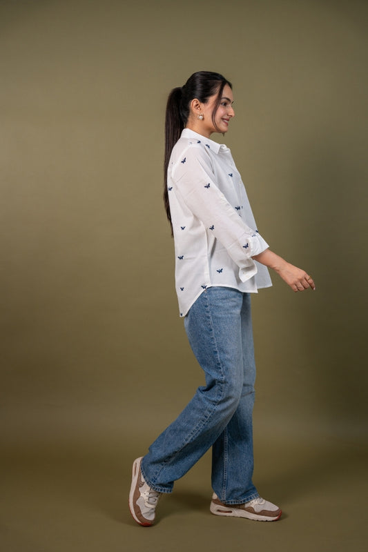 Women cotton white butterfly relaxed fit shirt, side view