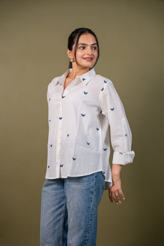 Women cotton white butterfly relaxed fit shirt, front view 3