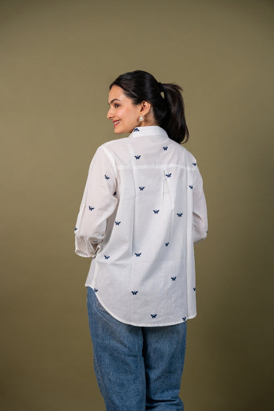 Women cotton white butterfly relaxed fit shirt, back view