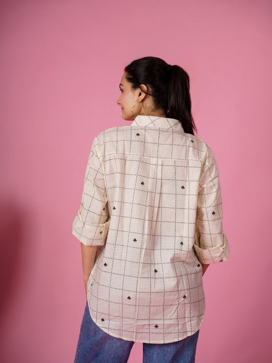 Ekisha women cotton white checks printed relaxed fit shirt, back view