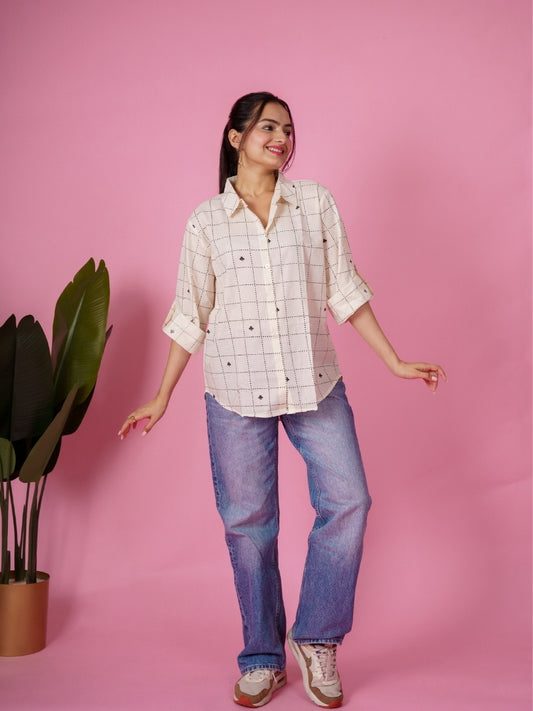 Ekisha women cotton white checks printed relaxed fit shirt, front view 4