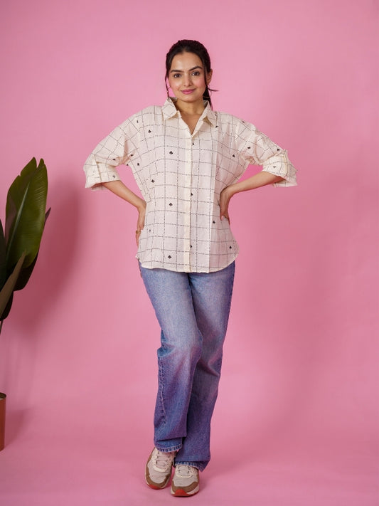 Ekisha women cotton white checks printed relaxed fit shirt, front view 3