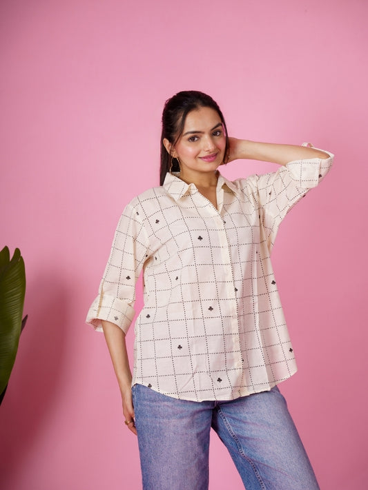 Ekisha women cotton white checks printed relaxed fit shirt, front view 2