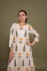 Women cream designer printed floral pure cotton Co-Ord Set, front view 2