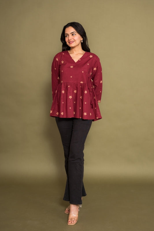 Ekisha's women dark rani abstract angrakha printed cotton tunic top short kurti, front view 3