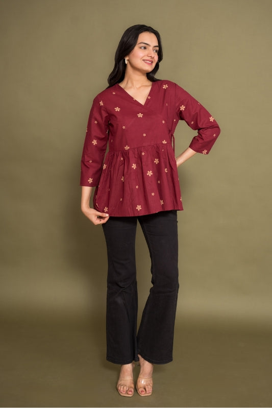 Ekisha's women dark rani abstract angrakha printed cotton tunic top short kurti, front view 4