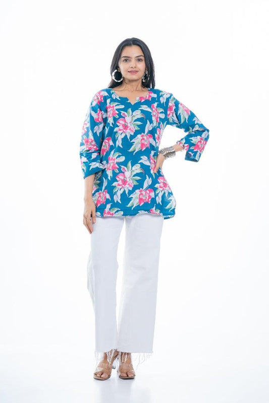 Ekisha's women everyday blue multicolor printed cotton tunic top short kurti - Ekisha