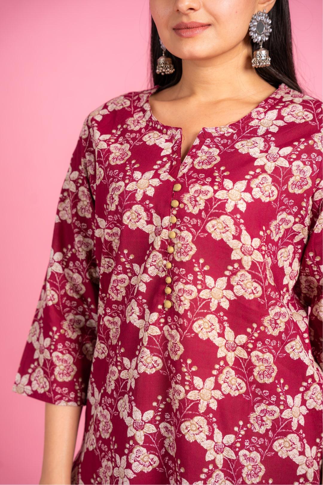 Ekisha's women maroon beautiful floral printed cotton co-ord set kurta set