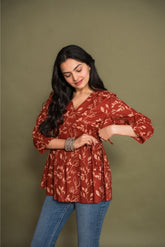 Ekisha's women maroon floral angrakha printed cotton tunic top short kurti, side view
