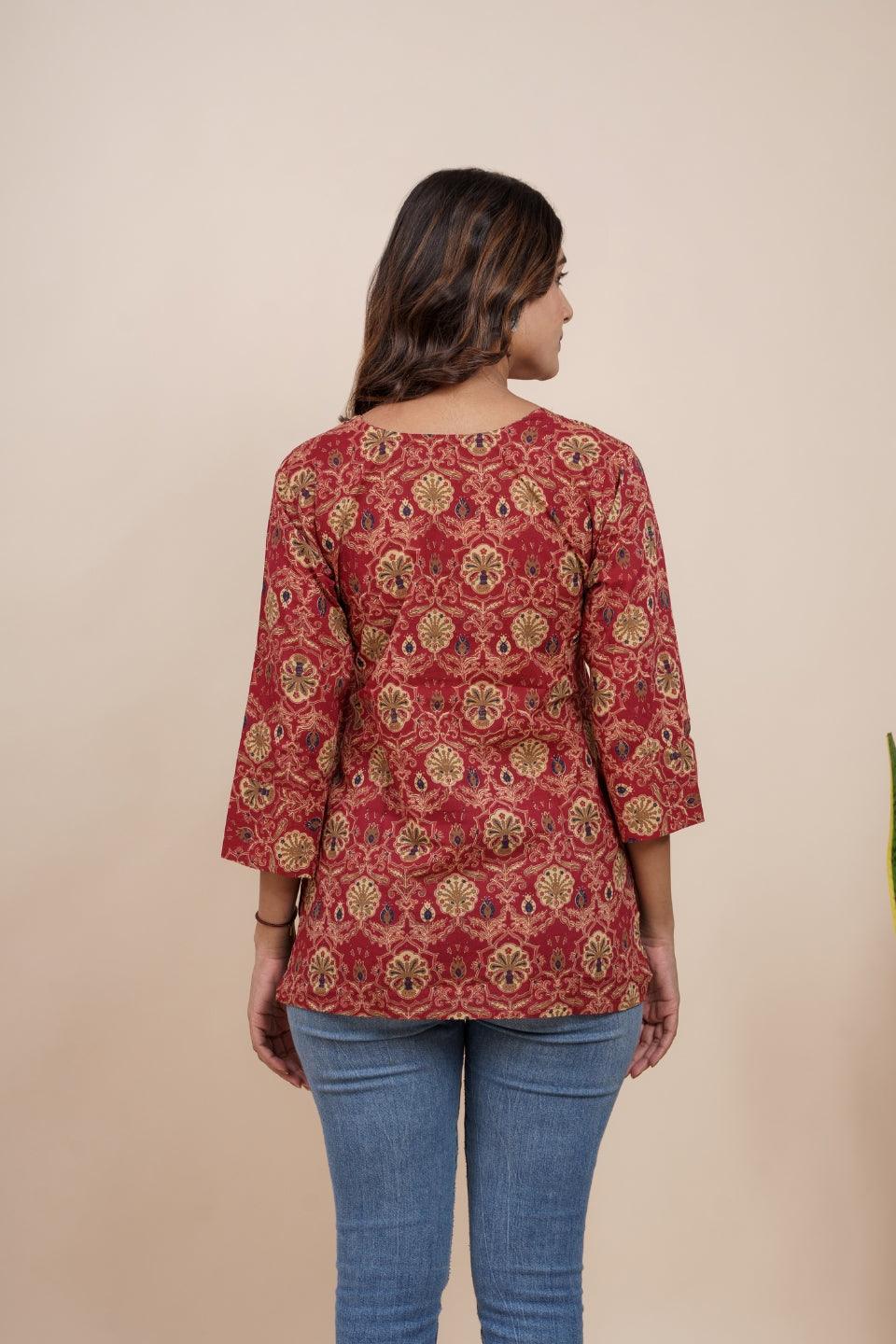 Ekisha's women maroon multicolor beautiful designer floral printed cotton tunic top short kurti - Ekisha