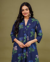 Ekisha's women navy multicolor floral printed cotton co-ord set lounge wear, detailed view