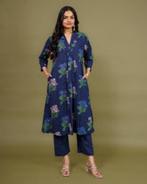 Ekisha's women navy multicolor floral printed cotton co-ord set lounge wear, front view