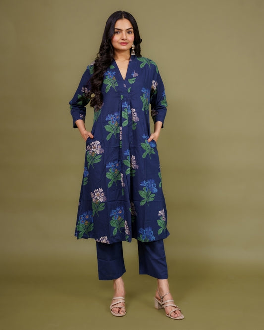 Ekisha's women navy multicolor floral printed cotton co-ord set lounge wear, front view