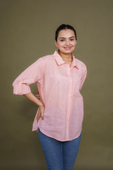 Women Pure Cotton white pink stripes printed relaxed fit shirt, front view