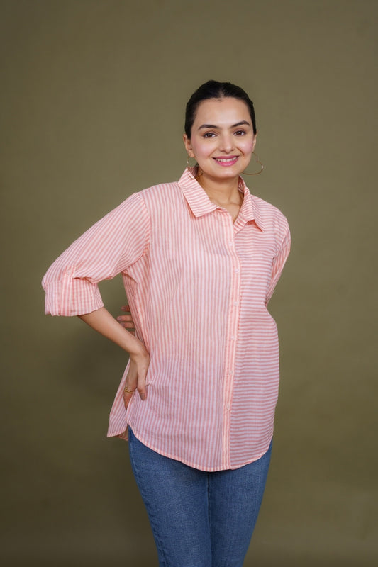 Women Pure Cotton white pink stripes printed relaxed fit shirt, front view