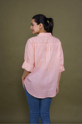 Women Pure Cotton white pink stripes printed relaxed fit shirt, back view