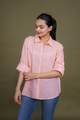 Women Pure Cotton white pink stripes printed relaxed fit shirt, front view 2