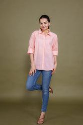 Women Pure Cotton white pink stripes printed relaxed fit shirt, front view 3