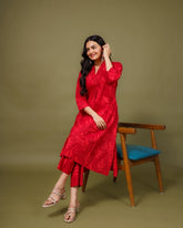 women-wearing-red-floral-cotton-coord-set-casual-wear