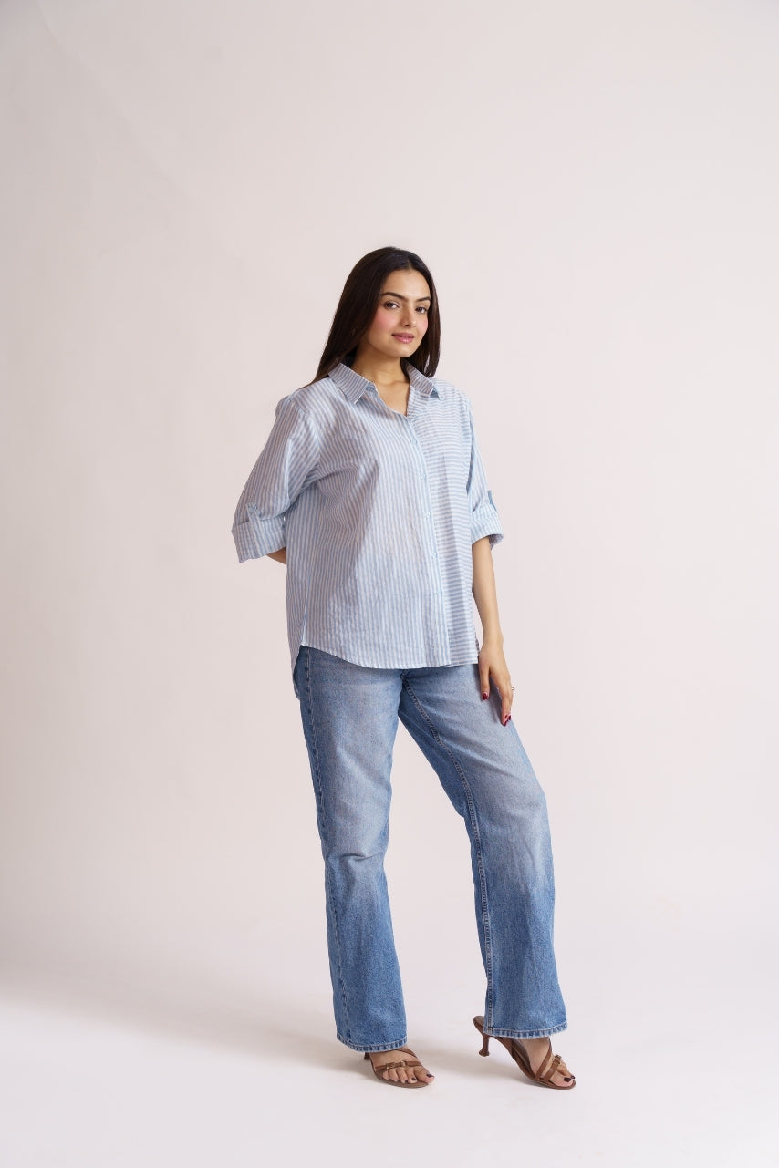 Women's cotton shirt blue stripe pattern close-up