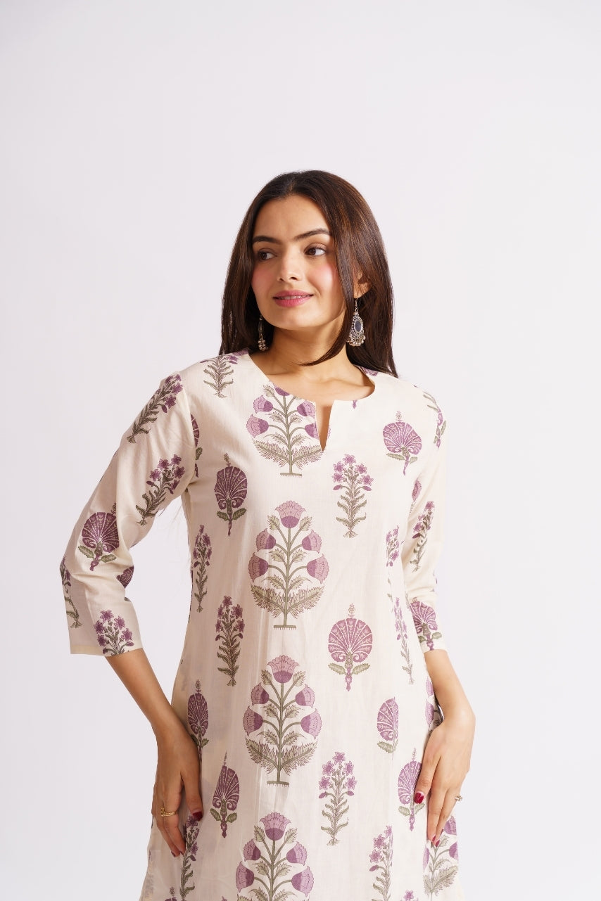 Cream block print kurta and pants co-ord set for women