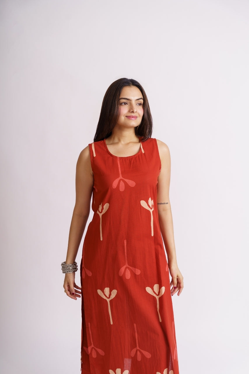 Complete rust red two-piece sleeveless kurta palazzo set