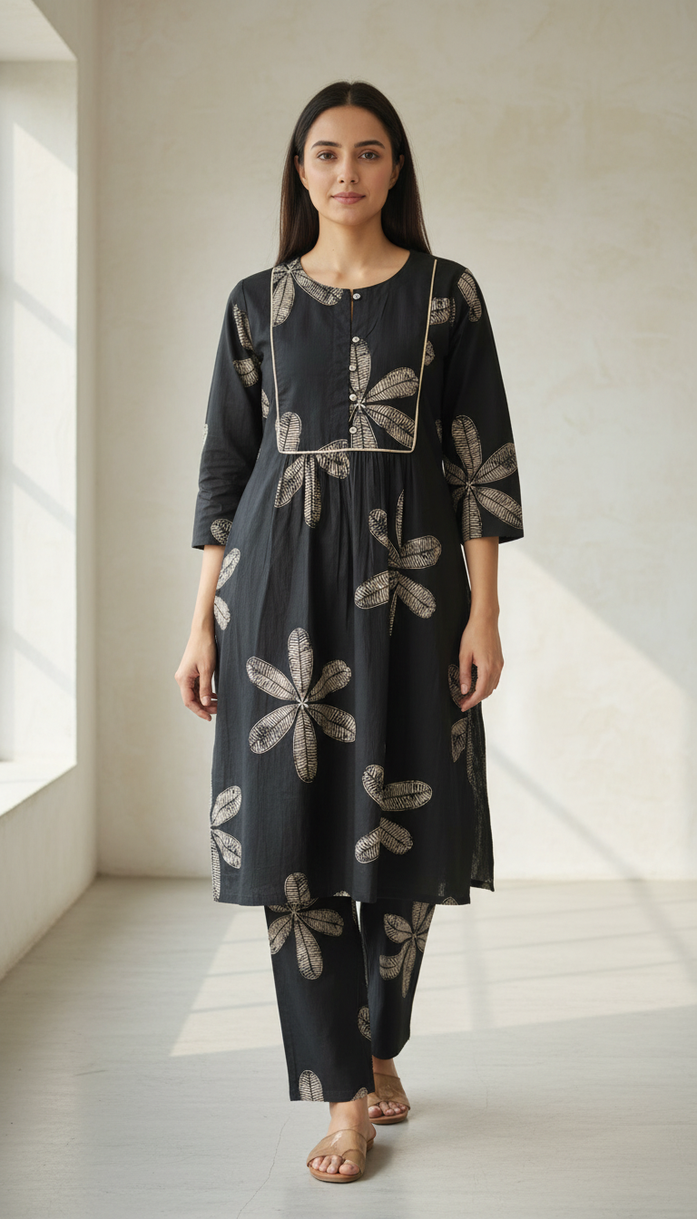 Ekisha's women black floral designer printed cotton co-ord set lounge wear, front view