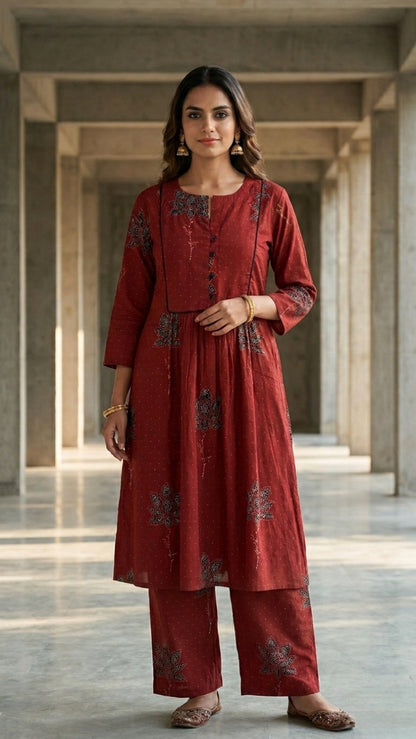 Women maroon multicolor floral designer printed cotton co-ord set lounge wear, front view