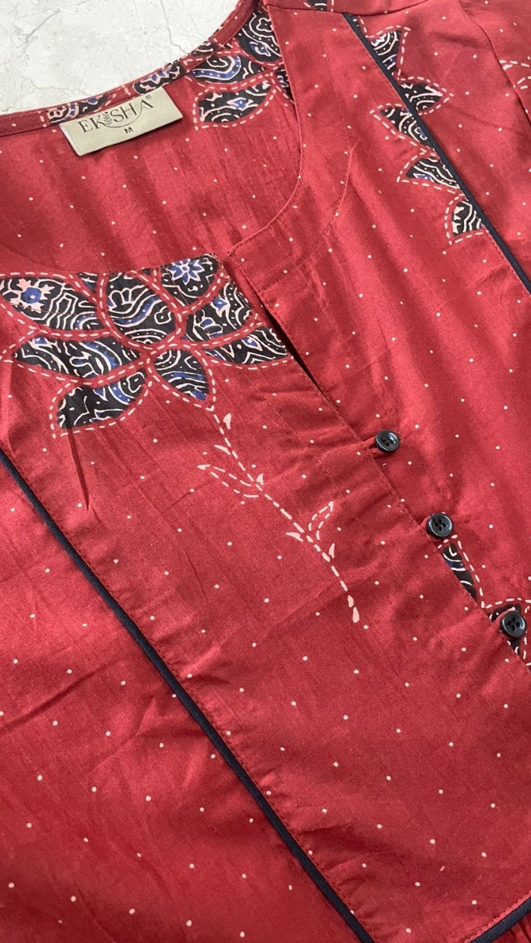 Women maroon multicolor floral designer printed cotton co-ord set lounge wear, detailed view