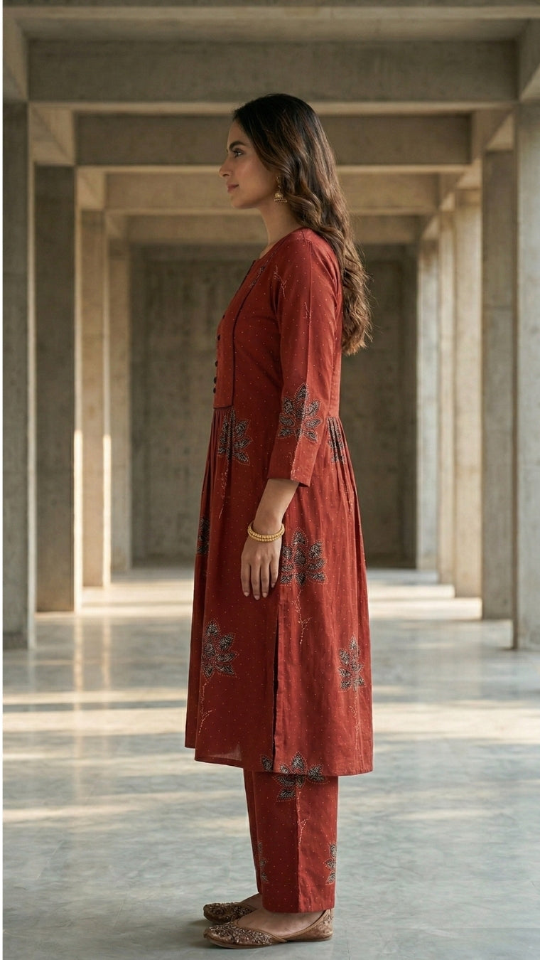 Women maroon multicolor floral designer printed cotton co-ord set lounge wear, side view