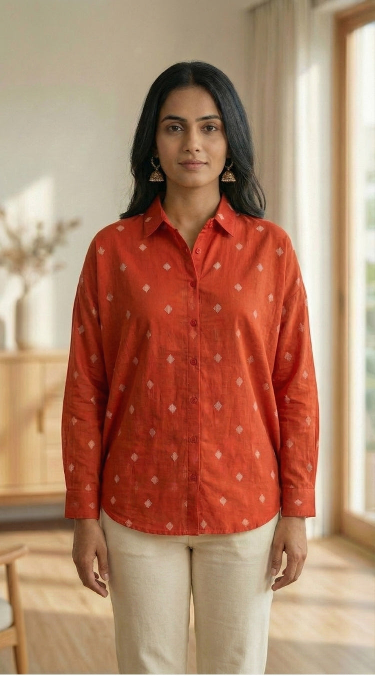 Women Pure Cotton Orange abstract printed relaxed fit shirt, front view