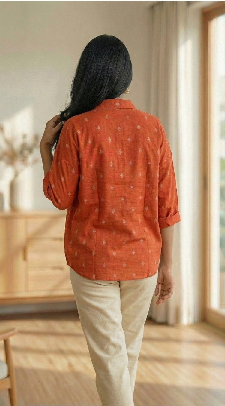 Women Pure Cotton Orange abstract printed relaxed fit shirt, back view