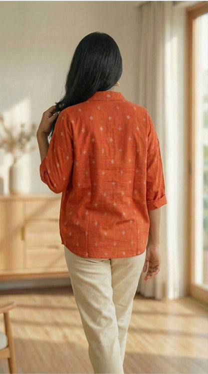 Women Pure Cotton Orange abstract printed relaxed fit shirt, back view