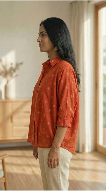Women Pure Cotton Orange abstract printed relaxed fit shirt, side view