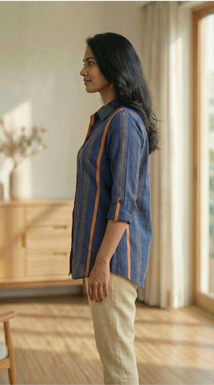 Women Pure Cotton Multicolor stripes printed relaxed fit shirt, side view