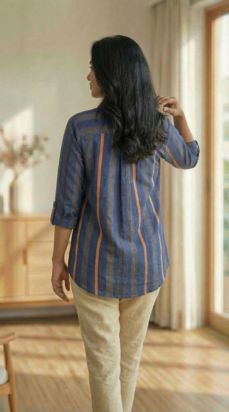 Women Pure Cotton Multicolor stripes printed relaxed fit shirt, back view