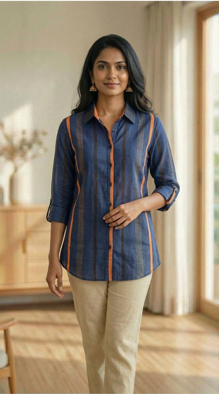 Women Pure Cotton Multicolor stripes printed relaxed fit shirt, front view