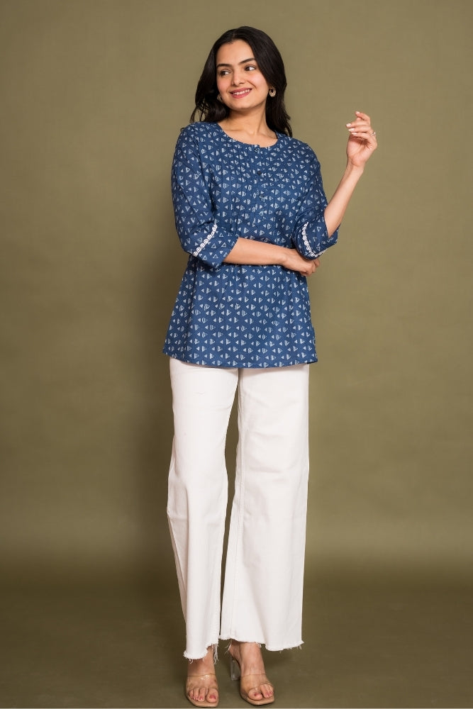 Ekisha's women blue abstract printed designer cotton tunic top short kurti, front view 4