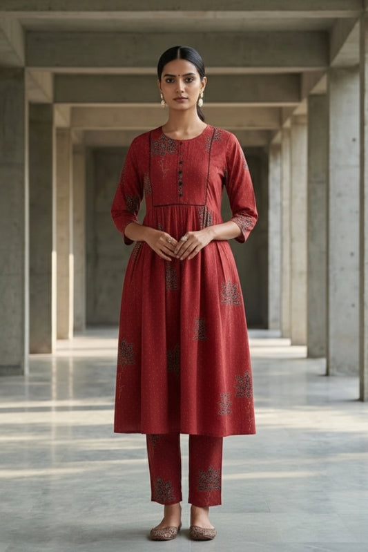 Ekisha's women maroon multicolor floral designer printed cotton co-ord set lounge wear, front view