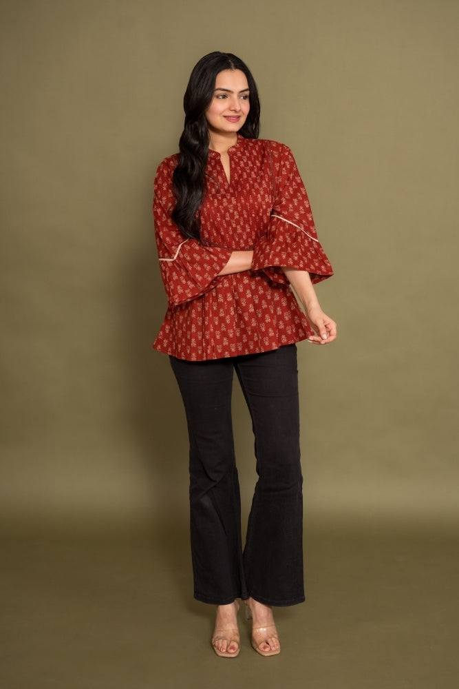 Ekisha's women floral maroon designer cotton tunic top short kurti, front view 5