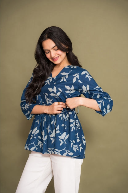 Ekisha's women blue abstract angrakha printed cotton tunic top short kurti, front view