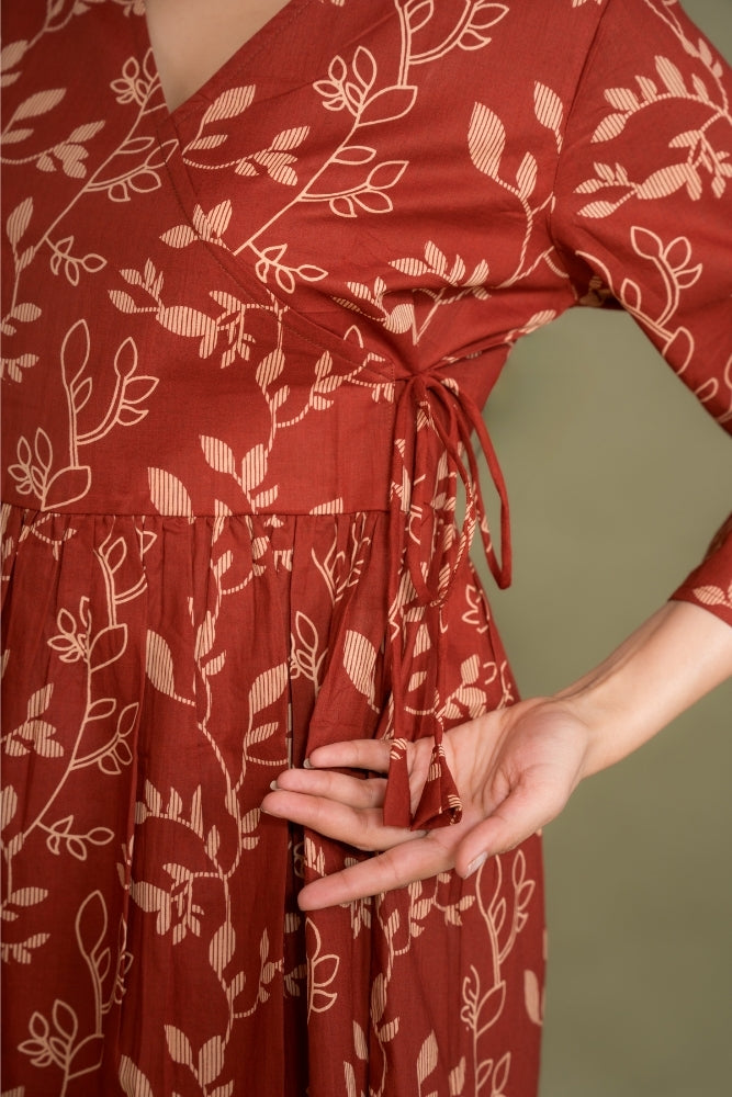 Ekisha's women maroon floral angrakha printed cotton tunic top short kurti, detailed view