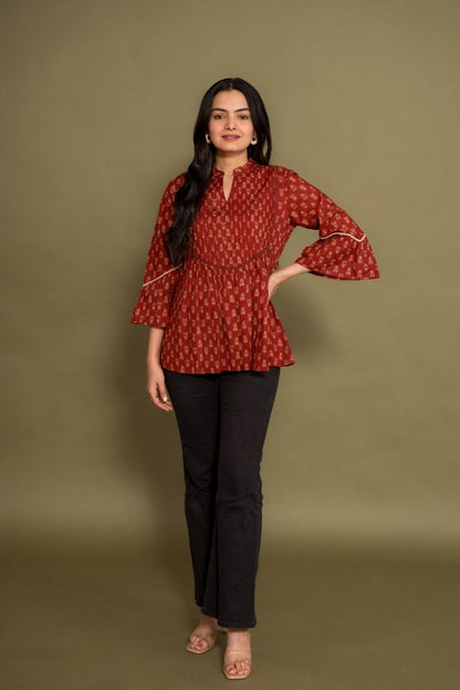 Ekisha's women floral maroon designer cotton tunic top short kurti, front view
