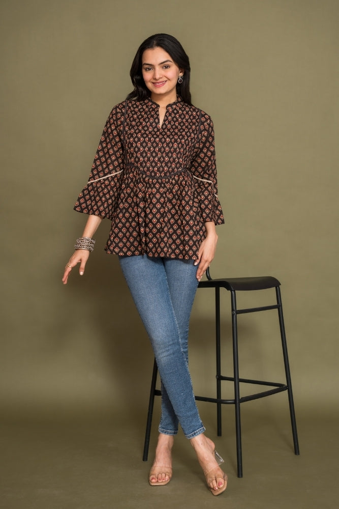 Ekisha's women floral black designer cotton tunic top short kurti, front view