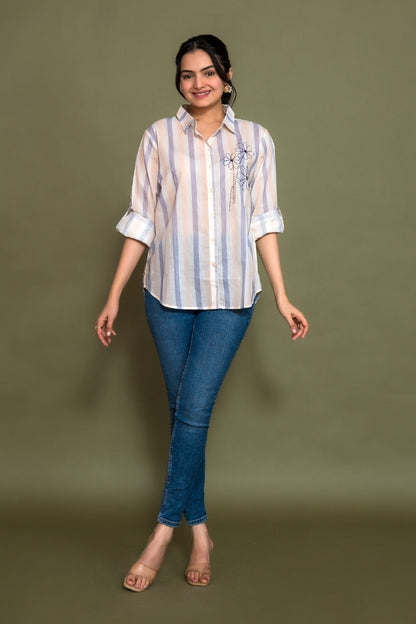 Ekisha women cotton white blue color stripes printed embroidered relaxed fit shirt, front view 3