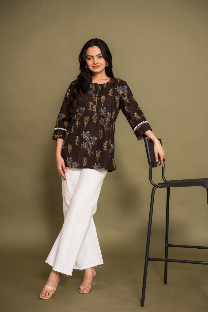 Ekisha's women brown floral printed designer cotton tunic top short kurti, front view
