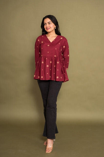 Ekisha's women dark rani abstract angrakha printed cotton tunic top short kurti, front view 3